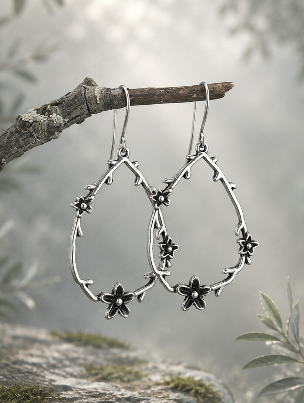 Silver Floral Teardrop Earrings Open Vine Flower Dangles Hand Crafted